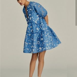 Maeve by Anthropologie Floral Jacquard Tiered Mini Dress in Blue, Size M